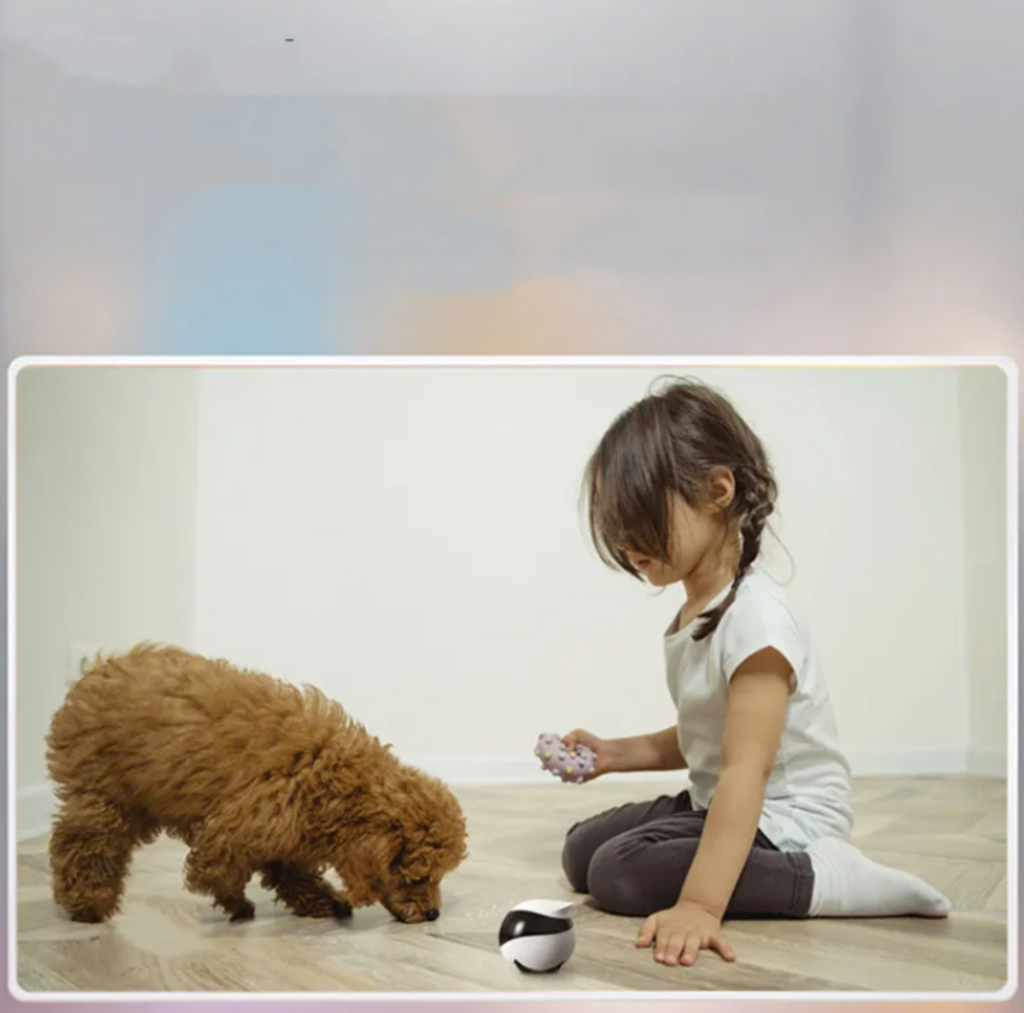 AI Robot security camera monitoring children and pets from smartphone app
