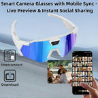 Smart camera glasses with mobile sync features displayed against a scenic background.
