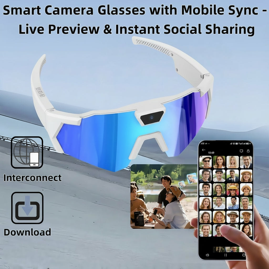 Smart camera glasses with mobile sync features displayed against a scenic background.