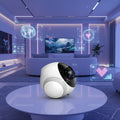 White and black spherical device with a logo on a white background
