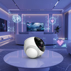 White and black spherical device with a logo on a white background