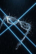 Sunglasses with water droplets on a black background, featuring text about waterproofing.