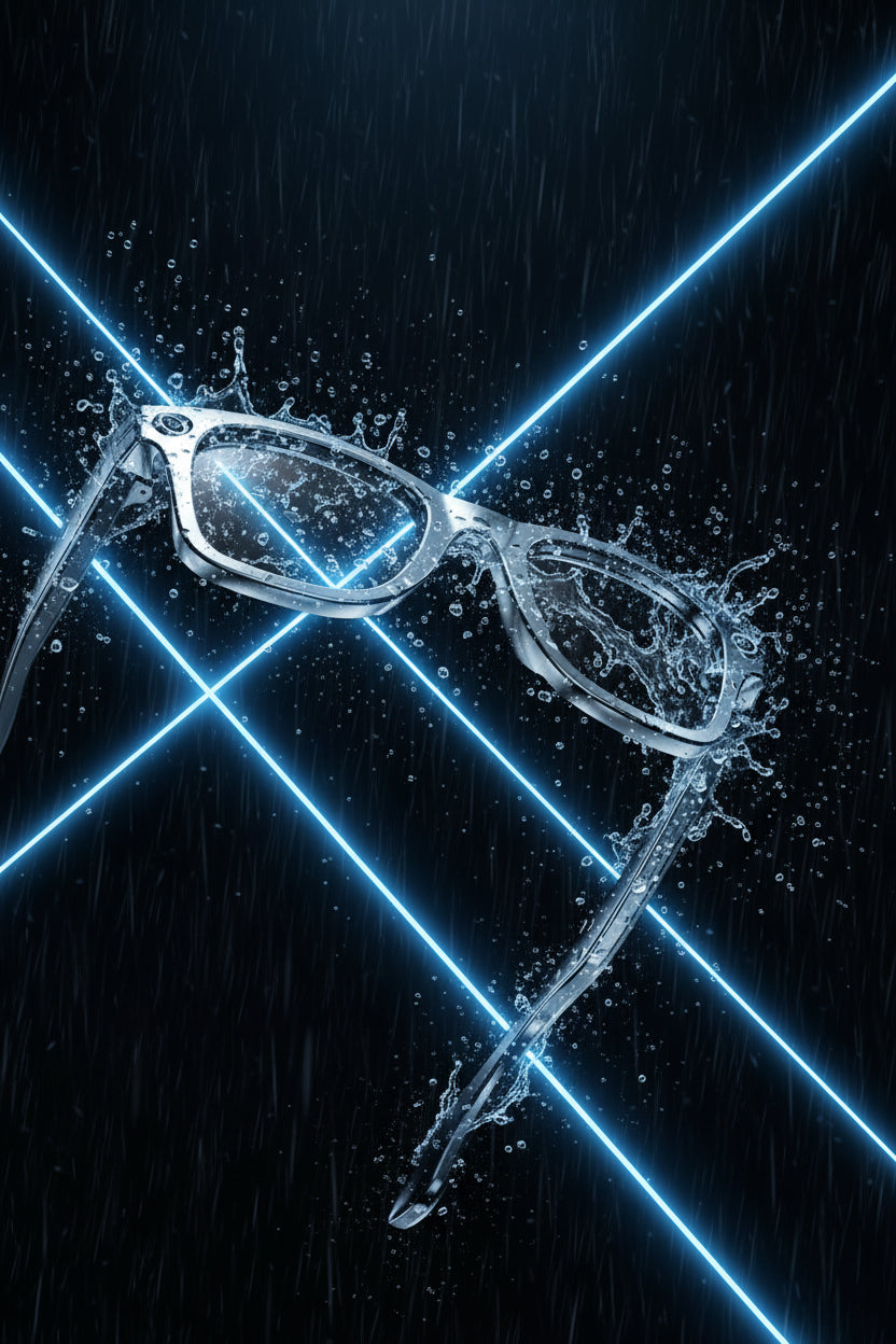 Sunglasses with water droplets on a black background, featuring text about waterproofing.