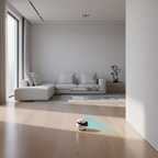 White and black robot-like device on a light wooden floor