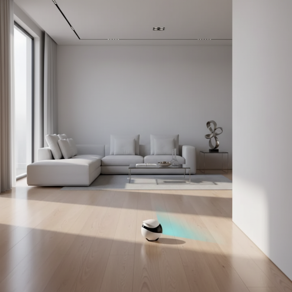 White and black robot-like device on a light wooden floor