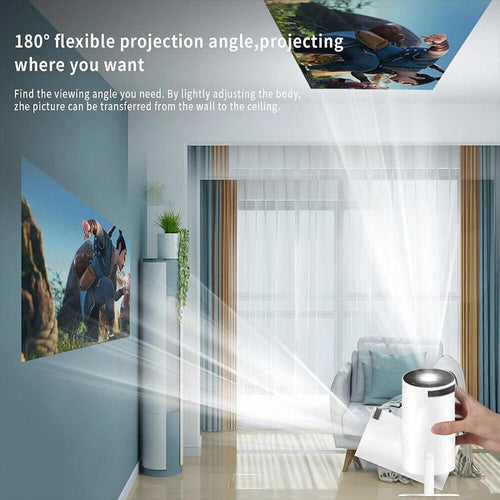 180-degree flexible projection device in a living room setting with text highlighting its features.