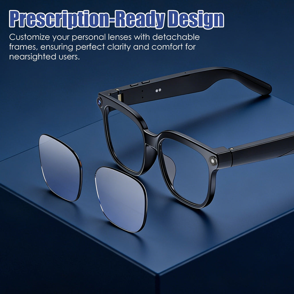 Black eyeglasses with detachable lenses on a blue surface, featuring text about prescription-ready design.
