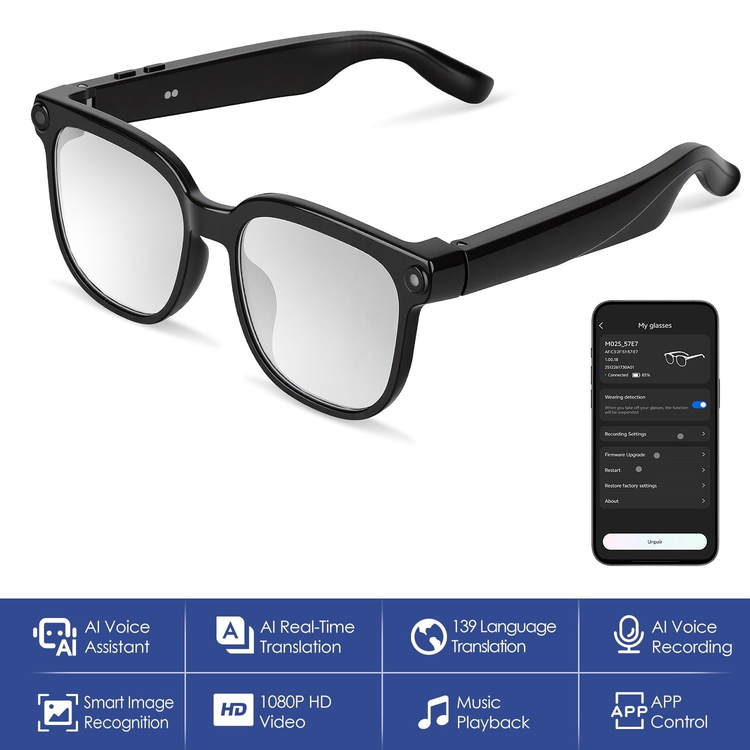 Black smart glasses with a remote control on a white background