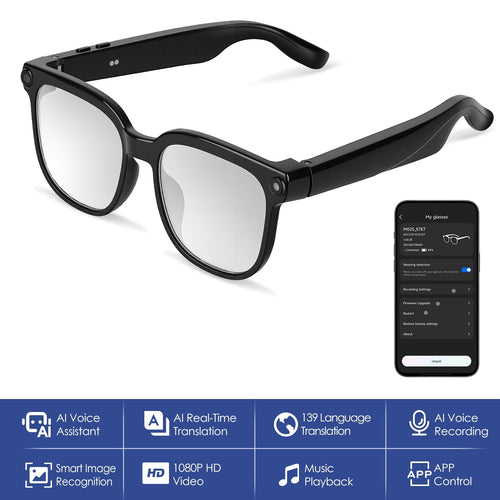 Black smart glasses with a remote control on a white background