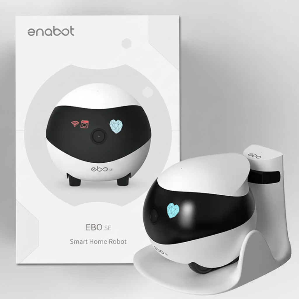 White and black robot with heart symbol on a gray background, featuring the brand 'enabot'.