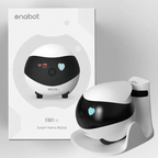 White and black robot with heart symbol on a gray background, featuring the brand 'enabot'.