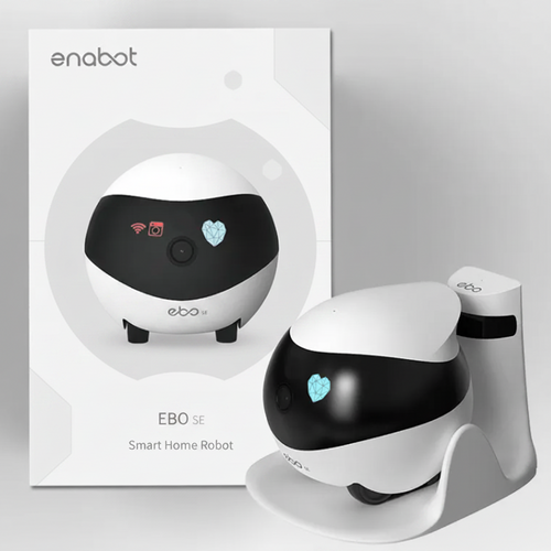 White and black robot with heart symbol on a gray background, featuring the brand 'enabot'.