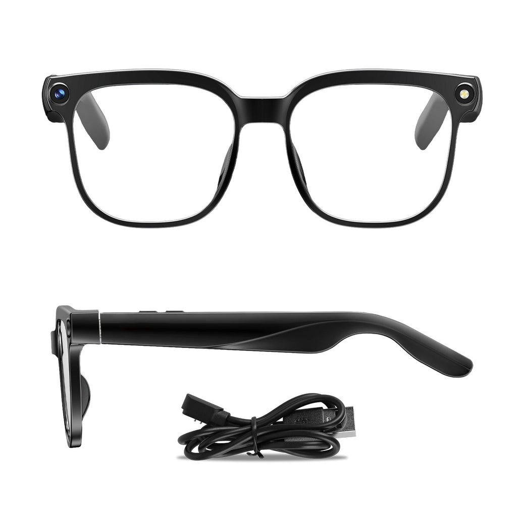 Black smart glasses with charging cable on a white background