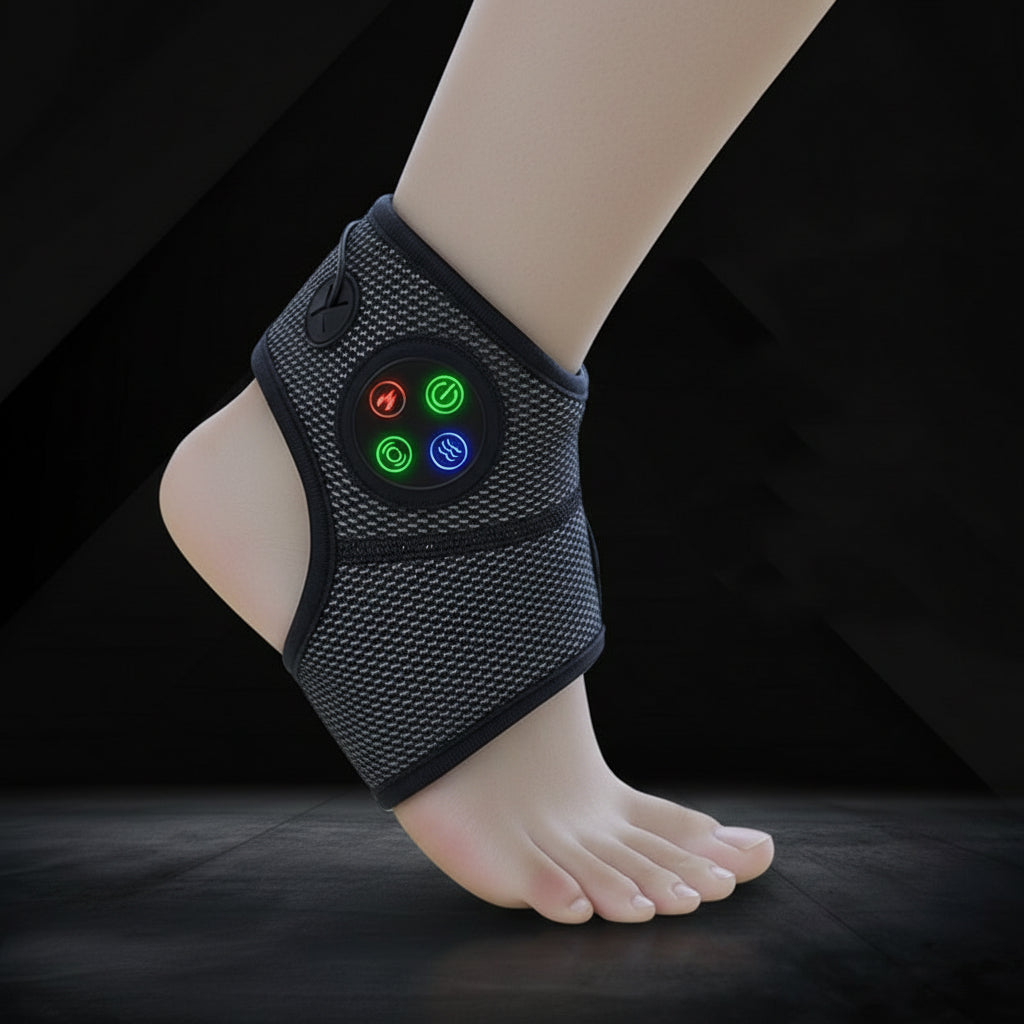 Black ankle support brace with digital display on a foot against a dark background