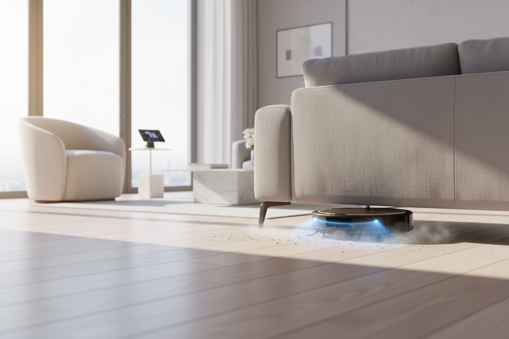 Black and gold round robot vacuum cleaner on a white background