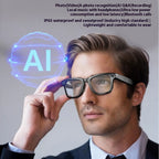 Man wearing smart glasses with an 'AI' hologram, on a gray background with text about the glasses' features.