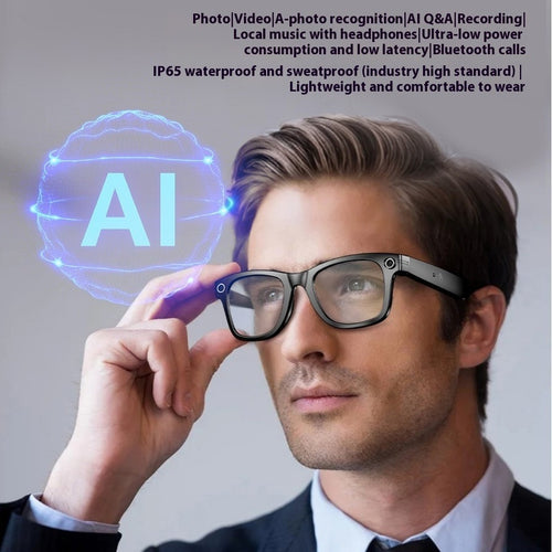Man wearing smart glasses with an 'AI' hologram, on a gray background with text about the glasses' features.