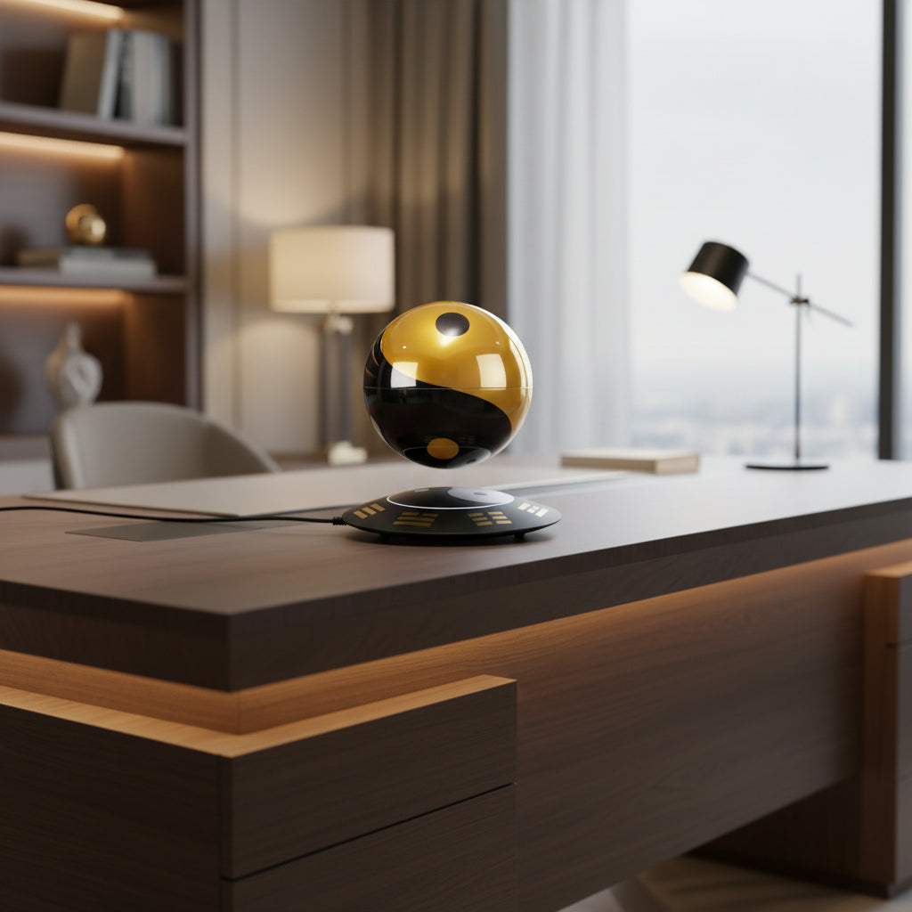 Black and yellow spherical device levitating above a matching base on a white background