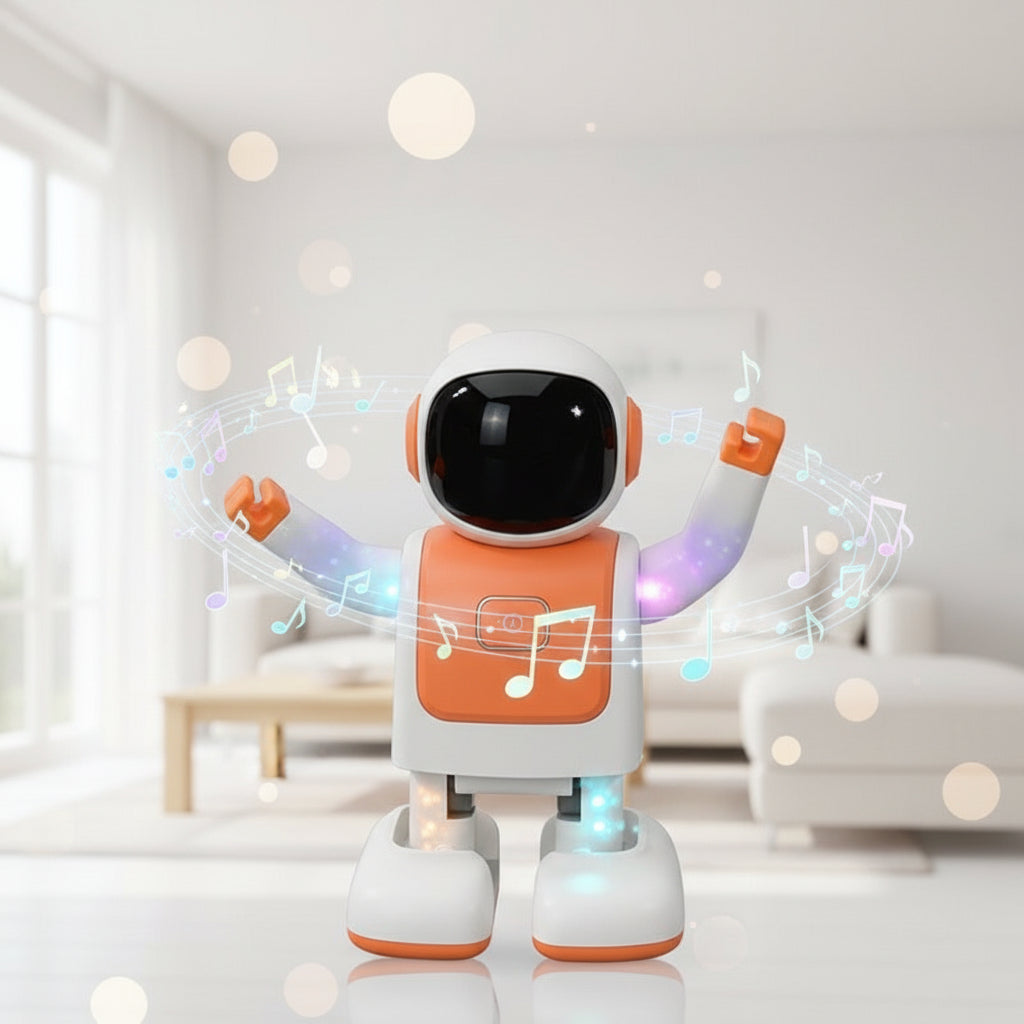 Intelligent robot Bluetooth speaker with a child in the background