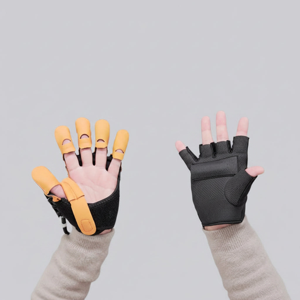Hand mirror function with gloves on a gray background