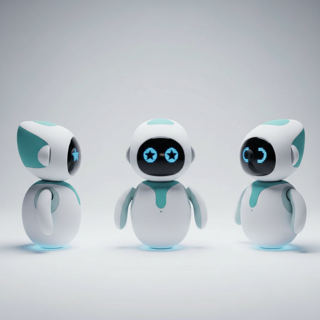 Small robot toy on a stand with close-up insets, held by a hand.