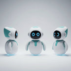 Small robot toy on a stand with close-up insets, held by a hand.