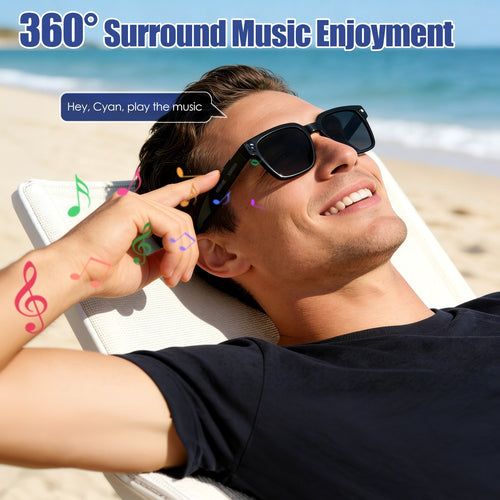 Man relaxing on a beach with sunglasses, text '360° Surround Music Enjoyment', and a smartphone.