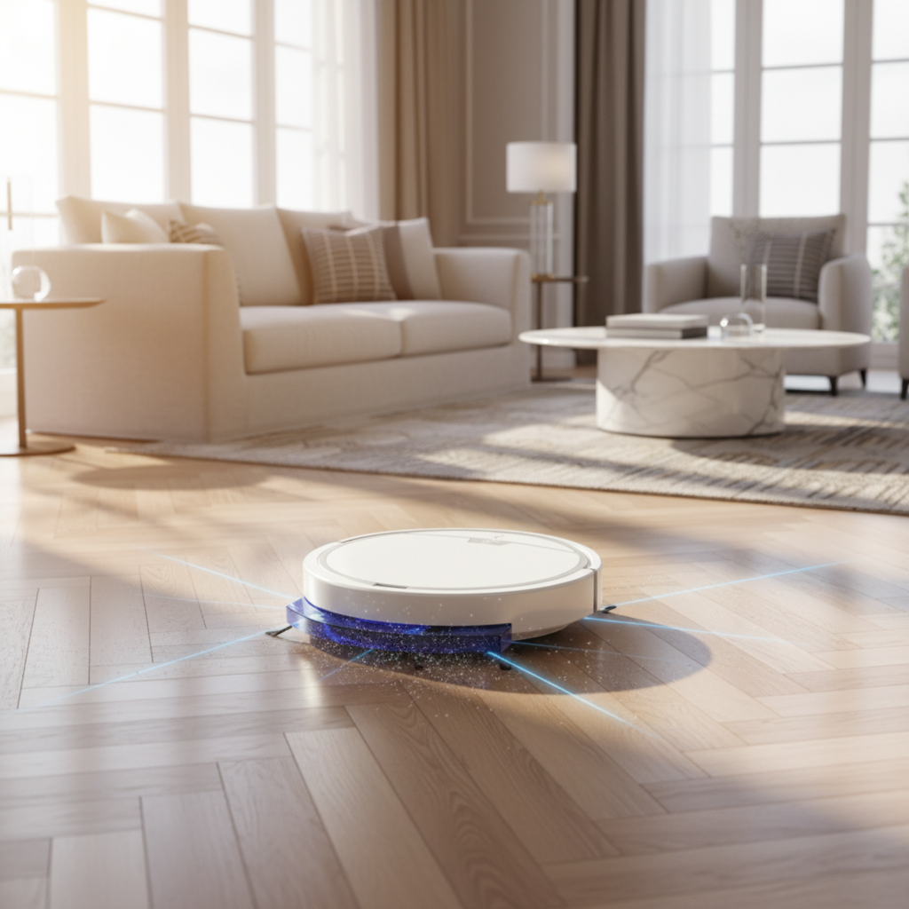 Robotic vacuum cleaner on a wooden floor with text 'Intelligent Household Sweeping Sucking and Dragging Robot'.