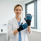 Woman holding up different types of gloves with inset images on a light background