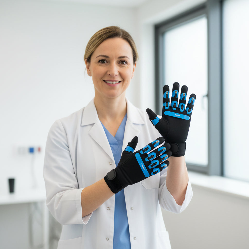 Woman holding up different types of gloves with inset images on a light background