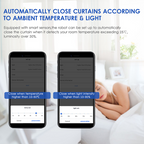 Smart curtain control system with smartphone app interface and person in bed in the background.