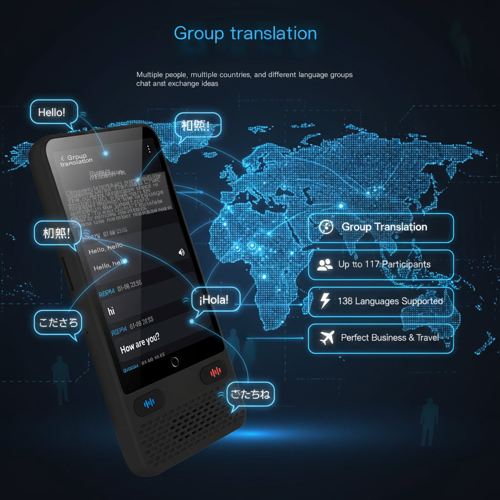 Smartphone with translation app interface on a world map background