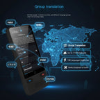 Smartphone with translation app interface on a world map background