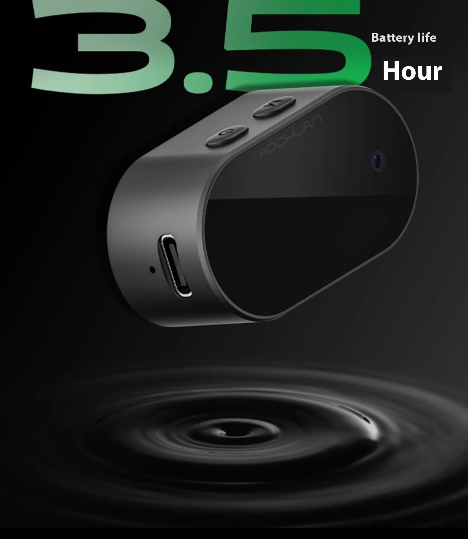 Small electronic device with charging port on a dark background, displaying '3.5 Hour Battery Life'.