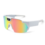Sunglasses with white frame and multicolored lenses on a white background