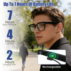 Man wearing glasses with a device on his ear, showing battery life details.