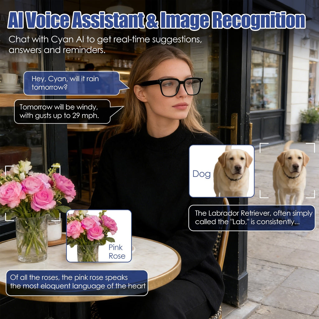 Woman sitting at a table with flowers and a dog, interacting with an AI voice assistant.