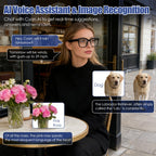 Woman sitting at a table with flowers and a dog, interacting with an AI voice assistant.