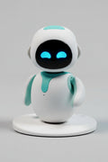 White and blue robot toy on a light blue background