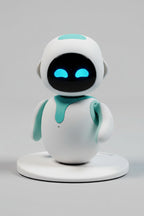 White and blue robot toy on a light blue background