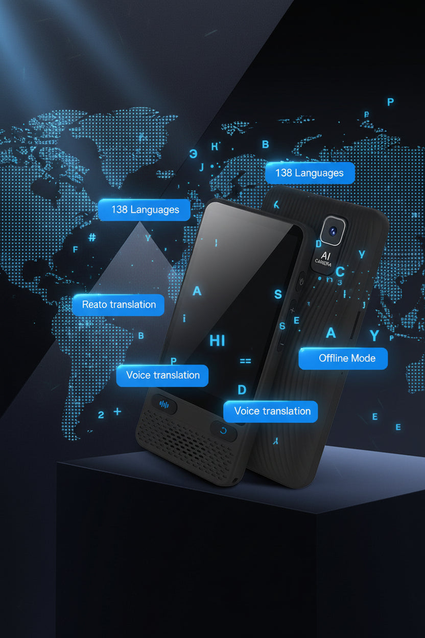 Black intelligent translation machine with features listed on a dark background