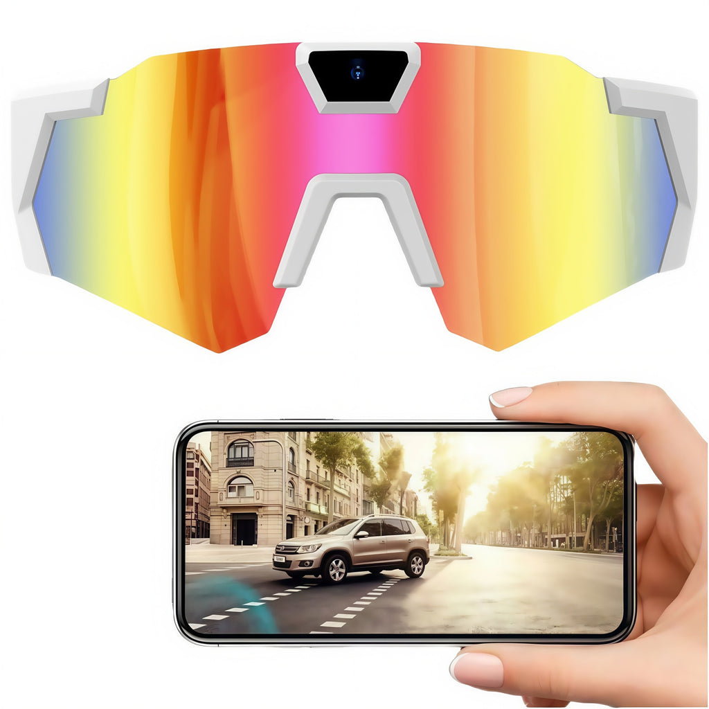 Colorful reflective sunglasses with a phone displaying a car on a road.