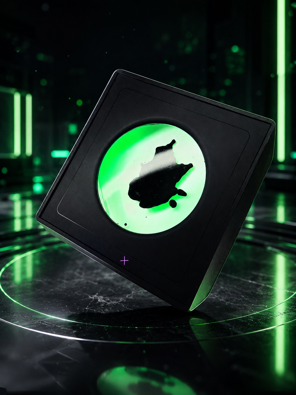 Black square device with green glowing circle and silhouette on a reflective surface with green lights in the background