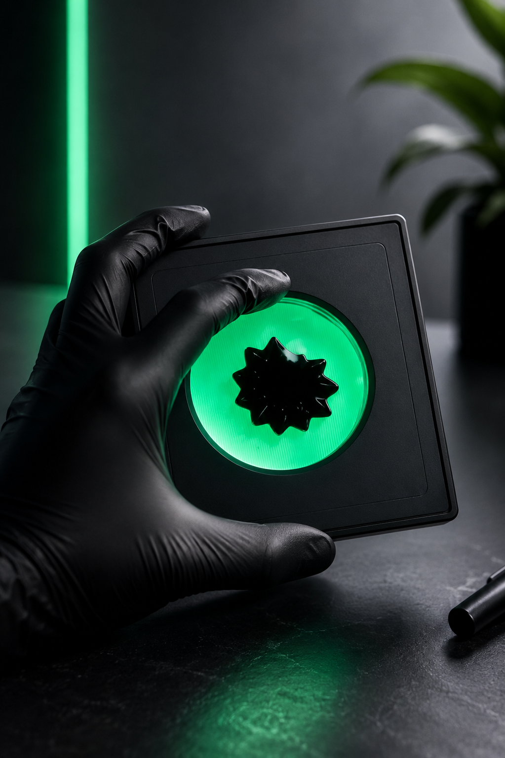 Hand wearing a black glove holding a glowing green object with a dark background