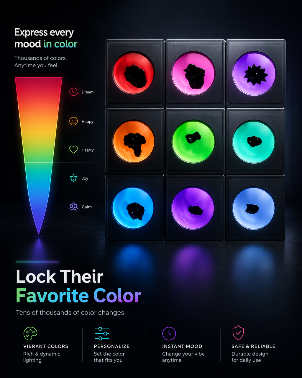 Color-changing light cubes with mood indicators on a dark background