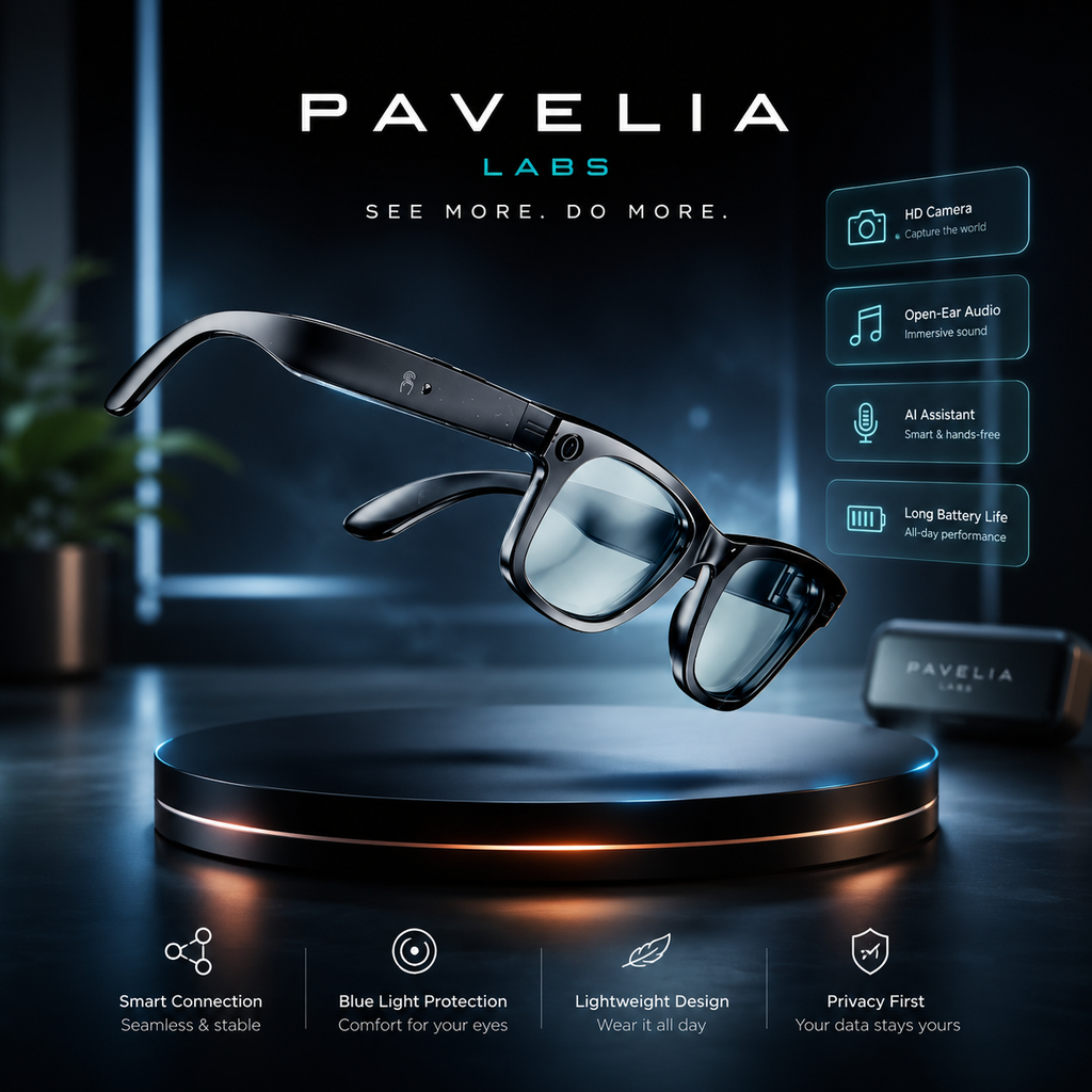Smart glasses with Pavelia Labs branding on a dark background