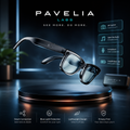 Smart glasses with Pavelia Labs branding on a dark background