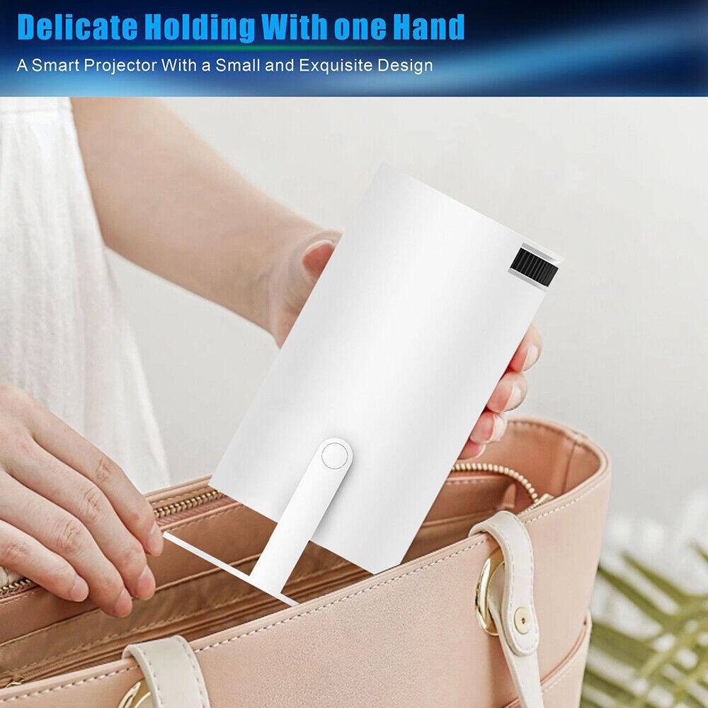 Smart projector held delicately with one hand, placed inside a beige handbag.