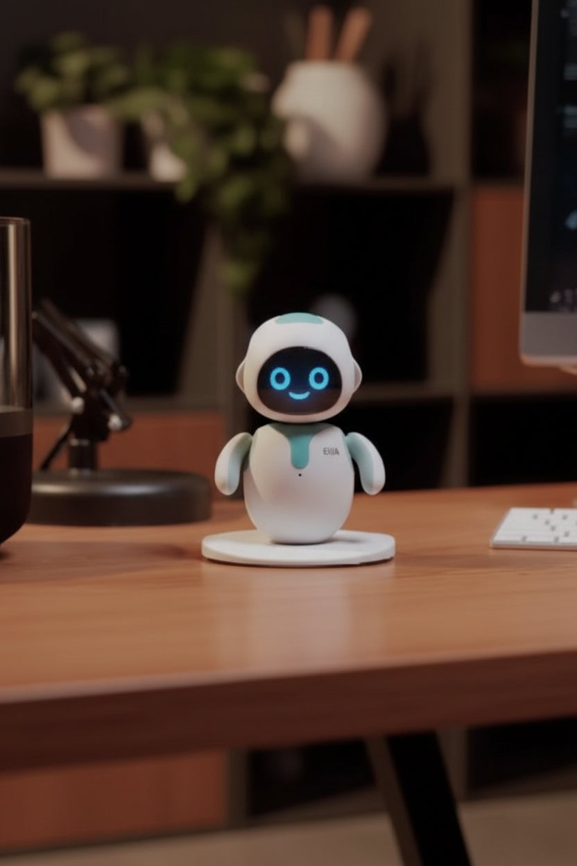 Small robot toy on a desk with text indicating encouragement and laughter.