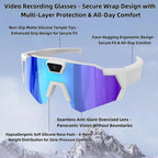 Video Recording Glasses with features highlighted on a mountain background